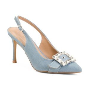 madden girl sling back denim style rhinestone heel